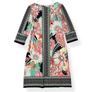 London Times Dress Womens 10 Floral Geo Border 3/4 Sleeve Shift Multicolor
